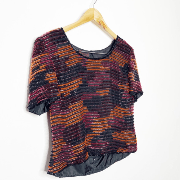 Vtg 80s FRANK USHER silk sequined beaded short sleeve blouse eras tour women's S - Picture 2 of 7